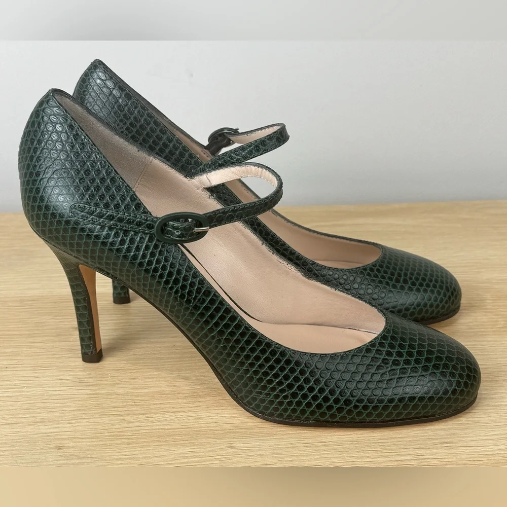 Vintage Daniele Ancarani Green Snake Embossed Heels Strap Buckle 38.5 Women's 8 - Picture 1 of 13